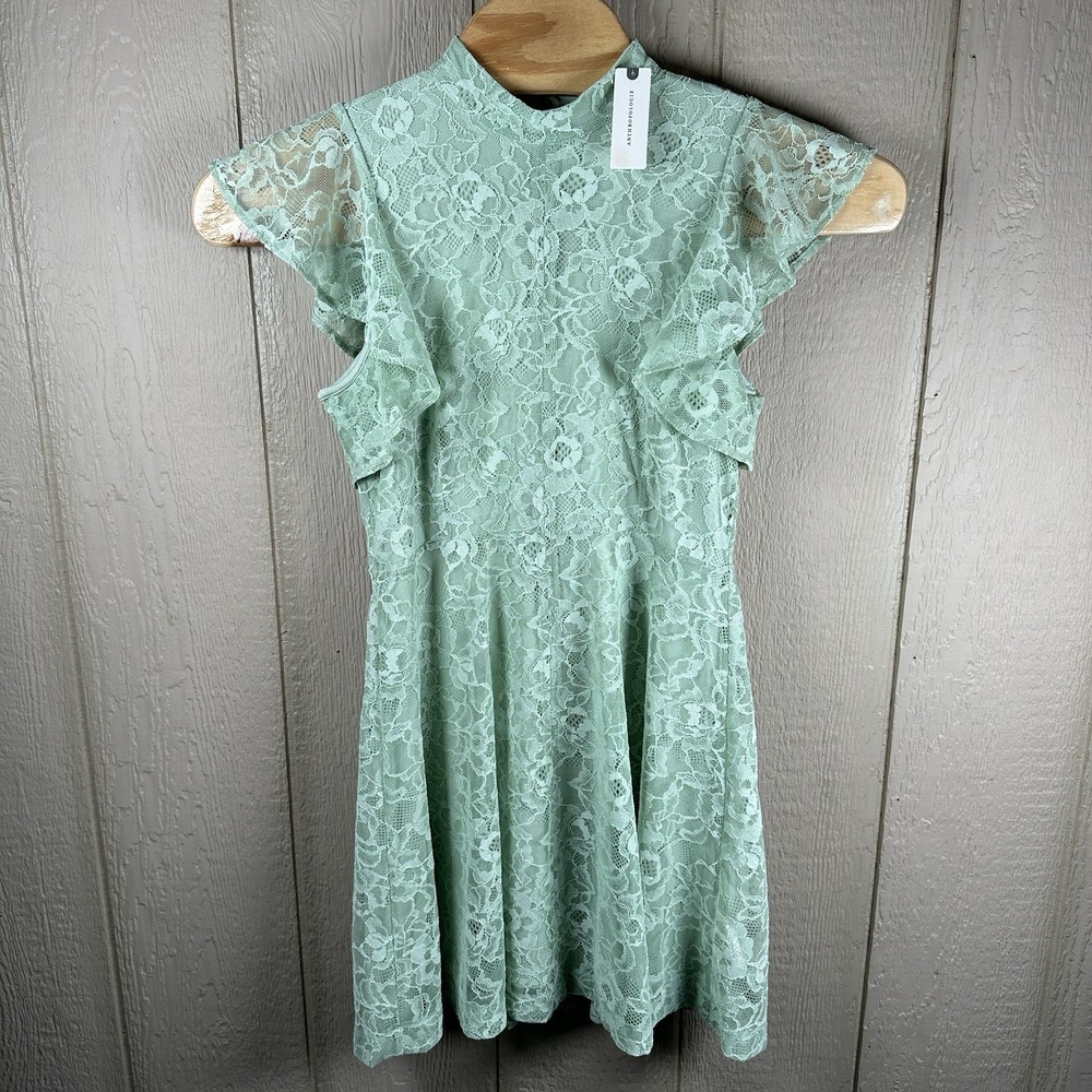 Anthropologie MAEVE Lace Mini Dress Medium Light Green Mock Neck Flutter Sleeve